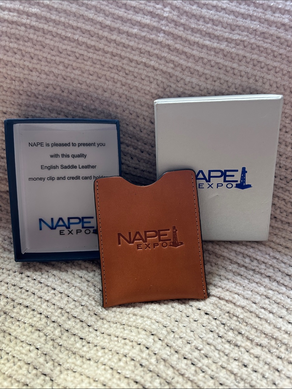 NAPEI Expo Tan Leather Money Clip Card Holder
